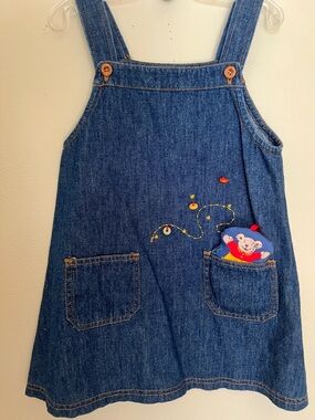 Vintage Children's Blue Denim Overall Dress with Bear Appliqué. Suzéu